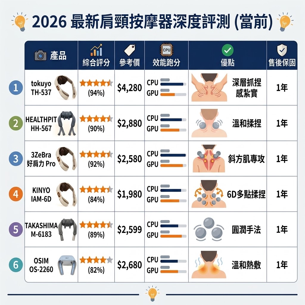 【2026最新】6款爆款人氣肩頸按摩器深度評測:斜方肌夾揉、免手持與CP值選購全攻略(爆文)