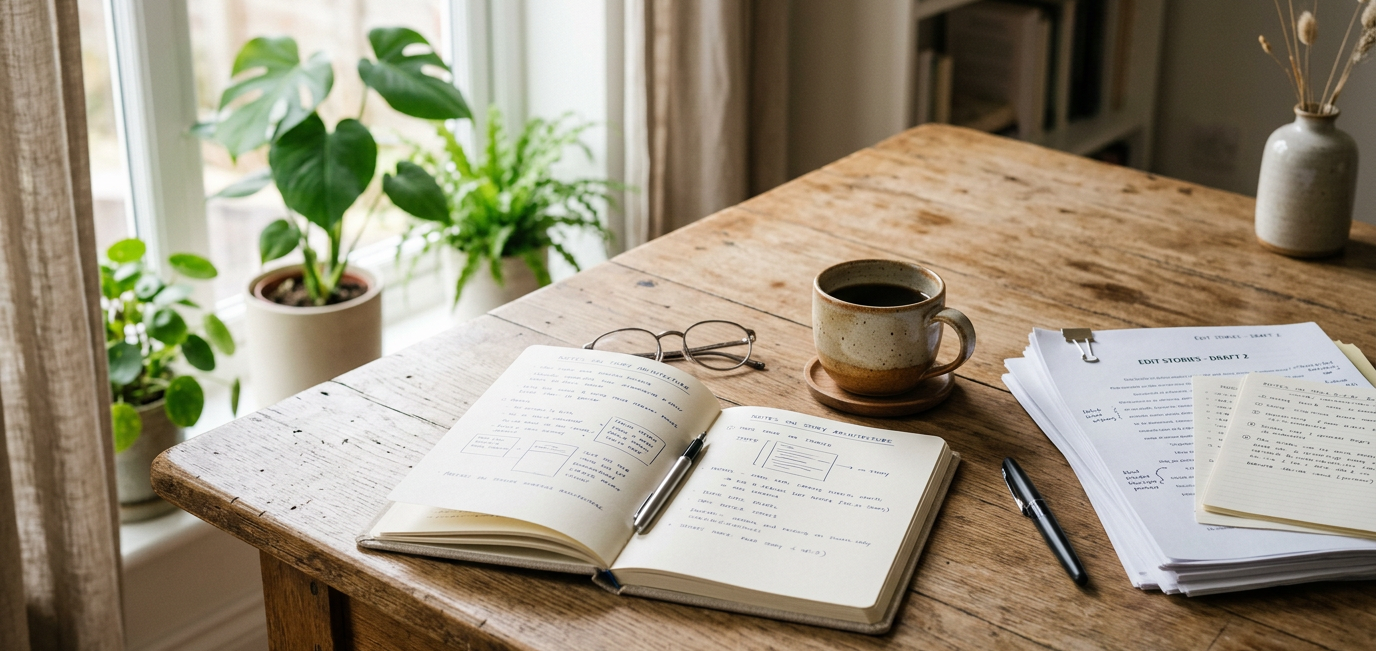 Open notebook, writing materials, coffee, and plants on a sunlit wooden desk